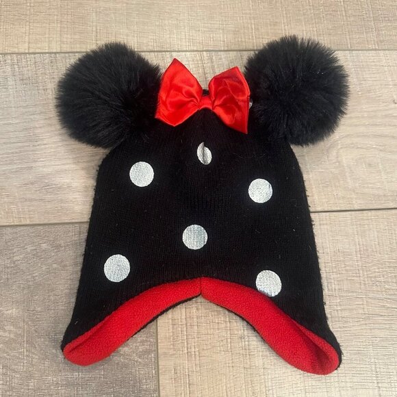 DISNEY YOUTH WINTER HAT TOBOGGIN MINNIE MOUSE WHITE POLKA DOTS - Picture 1 of 4